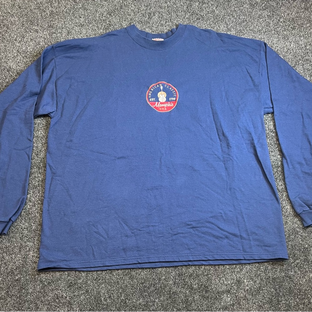 Hanes Memphis Tennessee USA Men’s 2XL Blue Embroidered Crewneck Long Sleeve Tee